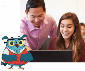 Teacher and student over computer smiling