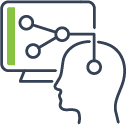 Head icon connected to computer with  circle and line pathway